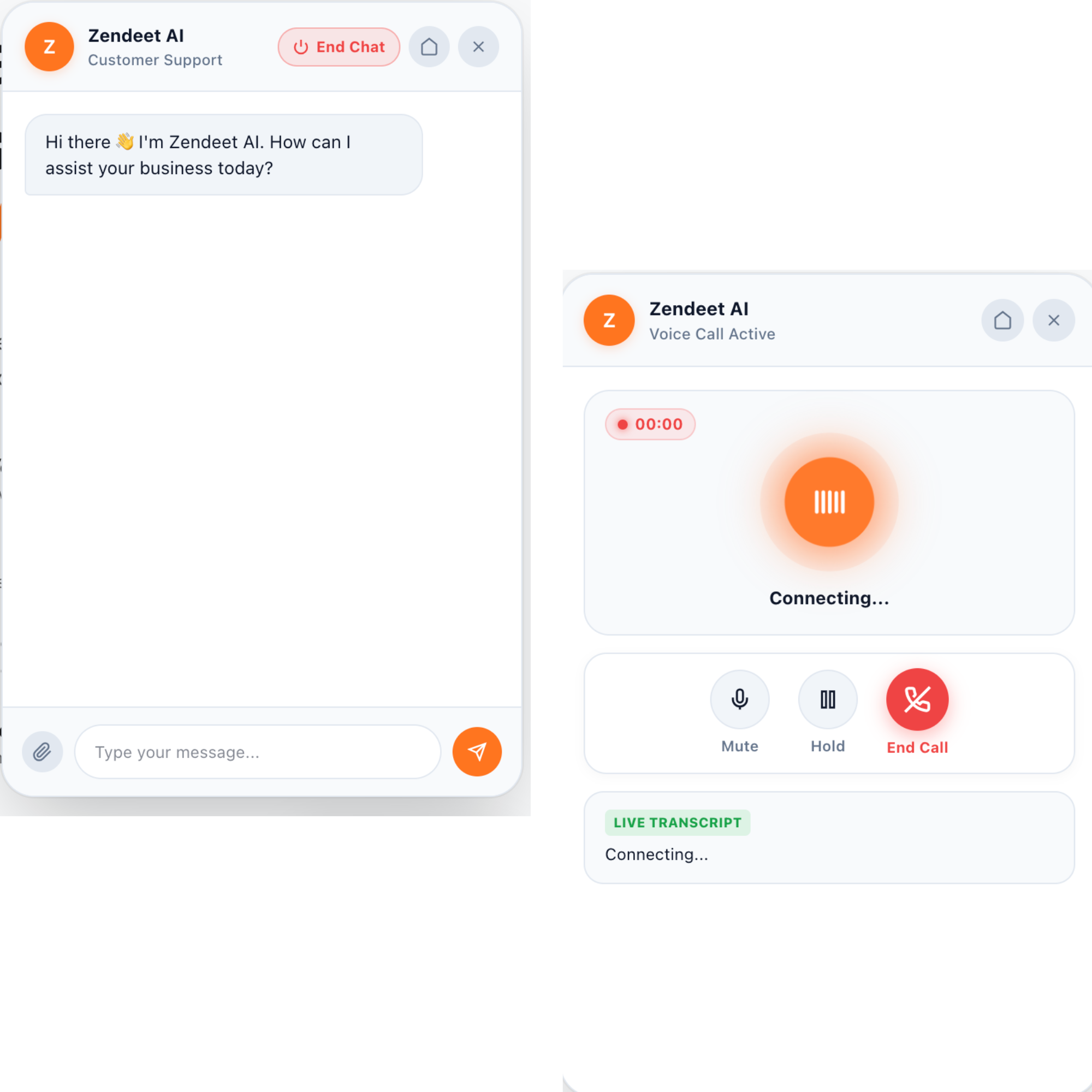 Zendeet AI Voice & Live Chat Interface